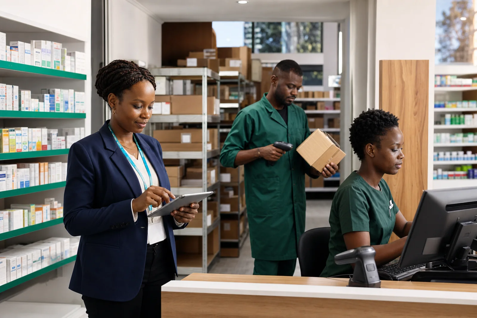 Ugandan store manager, stock controller and cashier using connected retail technology